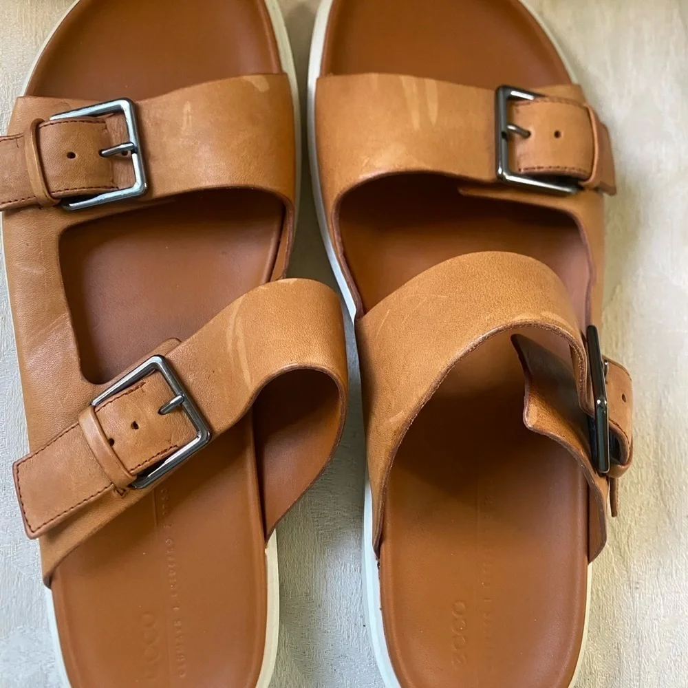 ECCO FLOWT LEATHER SANDAL SLIDE DOUBLE BUCKLE​​​​‎